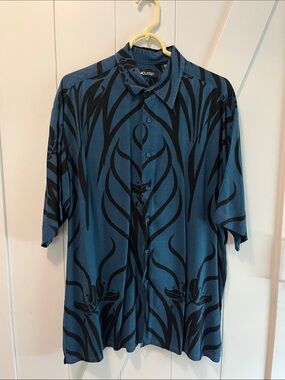 Puritan Blue Short-Sleeve Button-Down Shirt with Black Graphic Print